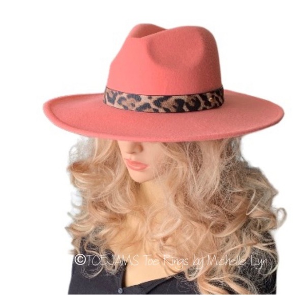 HAT Juicy Peach Coral Fedora Hat, Leopard Attached Hat Band Bohemian … - Picture 2 of 3